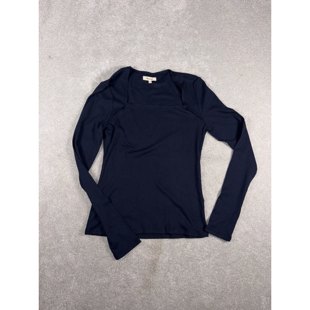 Madewell Shirt Womens Large Blue Square Neck Long Sleeve Stretch Knit Top
